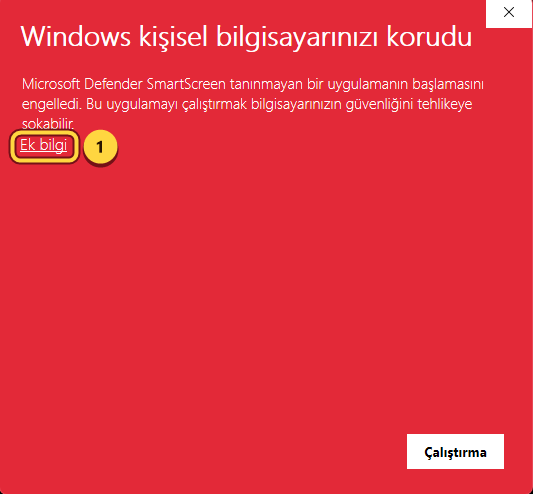 Windows kişisel bilgisayarınızı korudu penceresi, Ek bilgi yazısı 1 numarayla işaretli