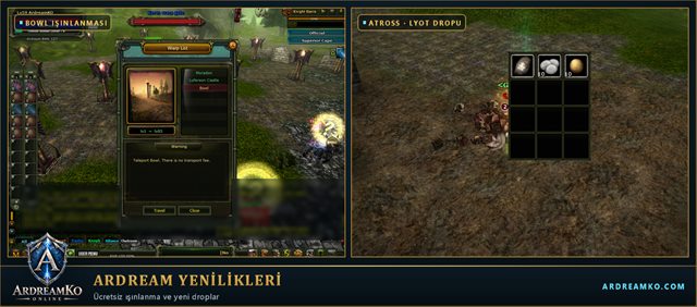 İki bölmeli görsel: solda Ardream kapısının Warp List penceresinde Moradon, Luferson Castle ve seçili Bowl ile ücretsiz ışınlanma uyarısı; sağda yerdeki ganimet penceresinde 10 beyaz Glutinous Rice Cake ve 10 altın renkli Bezoar. Altta ArdreamKo logolu başlık şeridi.