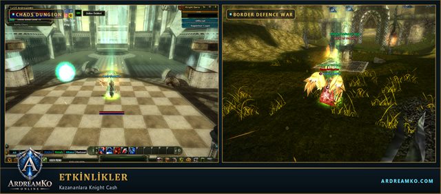 İki bölmeli görsel: solda satranç desenli zeminli Chaos Dungeon arenası, sağda Border Defence War haritasında Altar of Manes sunağı ve arkasında kale kapısı. Altta ArdreamKo logosu ve ETKİNLİKLER başlığı.