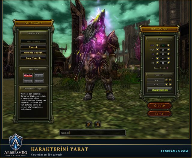 Knight Online karakter oluşturma ekranı: solda ırk ve meslek seçimi, Warrior seçili; ortada mor ışıklı, dev zırhlı bir Tuarek savaşçı; sağda stat ayarları ile Create ve Cancel düğmeleri. Altta ArdreamKo logosu ve KARAKTERİNİ YARAT başlığı.